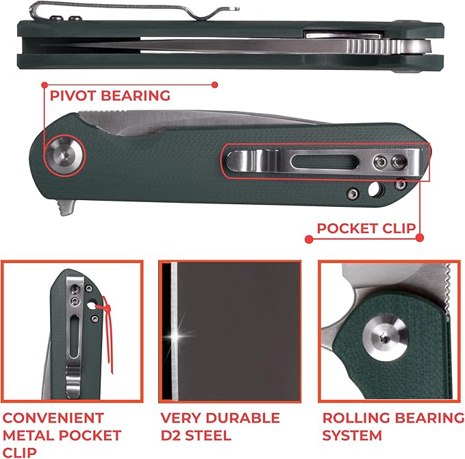 Firebird GANZO FH41S-GB Pocket Folding Knife D2 Steel Blade G10 Anti-Slip Handle with Clip Fishing Hunting Camping Outdoor Flipper EDC Pocket Knife Best Gift for Men and Women (Green)