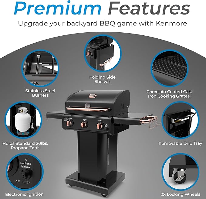 Kenmore 3-Burner Gas Grill | Foldable Side Tables Cast Iron Cooking Grates Warming Rack Hooks for BBQ Grilling Tools Propane Gas Barbecue Grill 30000 BTUs Black with Copper Accent