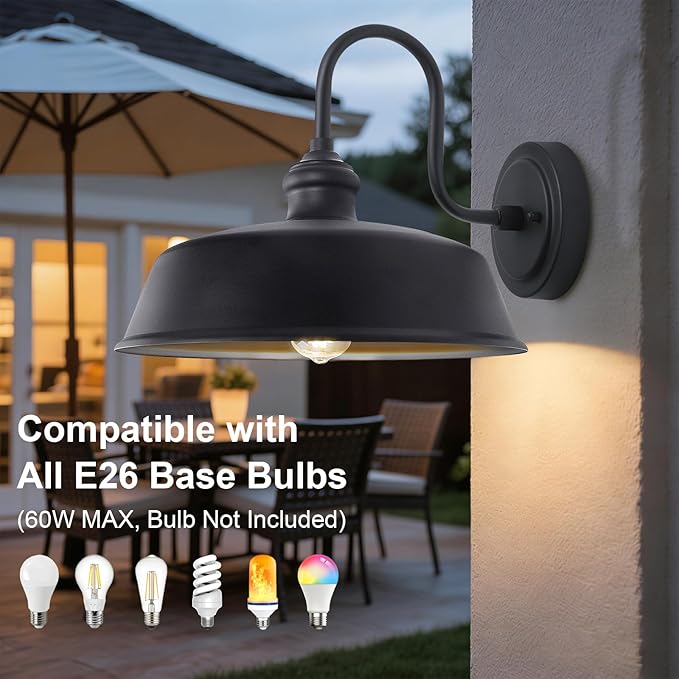 16in Large Outdoor Gooseneck Barn Light Farmhouse Exterior Wall Lghts Fixture Black Dome Porch Light in Rustic Style Outside Wall Sconce Lighting for Garage House Front Door