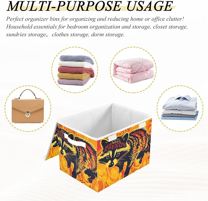 Storage Cube with Lid Surreal Raccoon Print 16.5×12.6×11.8 IN Collapsible Large Capacity Foldable Storage Basket Bin Organizer