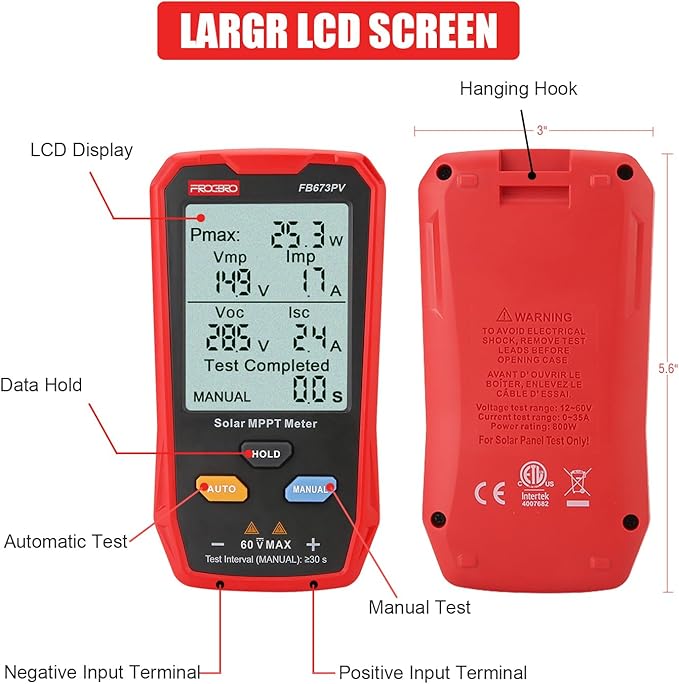 FrogBro Upgrade Solar Panel Tester Meter Photovoltaic Multimeter 800W Solar MPPT Meter with Large Ultra Clear LCD Smart MPPT Open Circuit Voltage Troubleshooting Utility Tool for Solar PV Testing