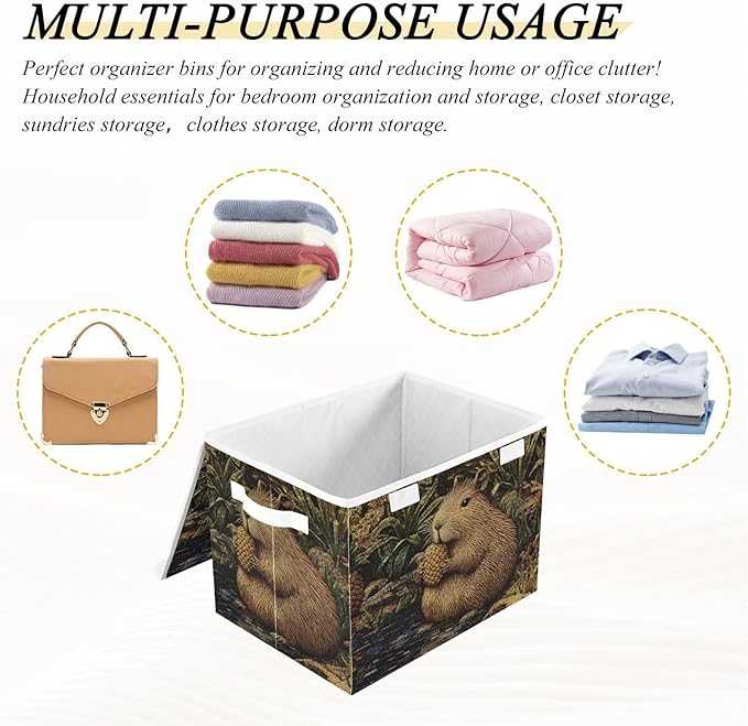 Storage Cube with Lid Pineapple Capybara Print 16.5×12.6×11.8 IN Collapsible Large Capacity Foldable Storage Basket Bin Organizer