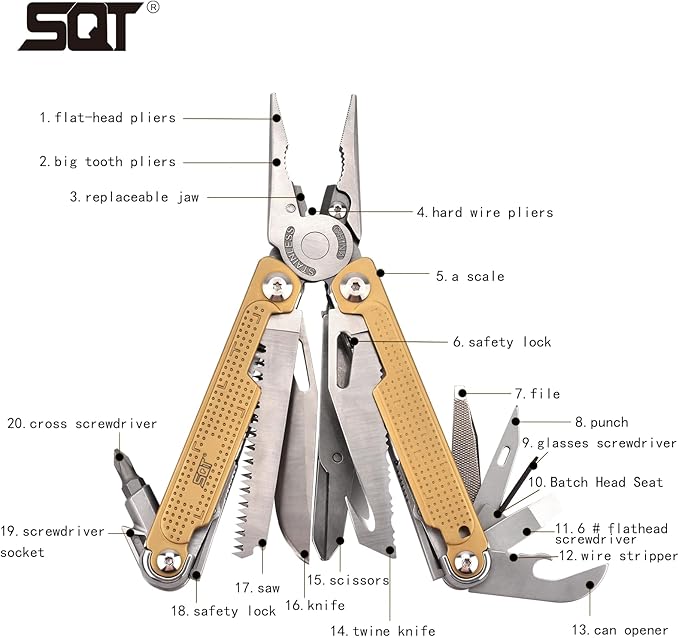 SQT2048 20-in-1 Multitool Foldable &amp Self-Locking Professional Tool for DIY Home Repairs Outdoor Camping – Must-Have Gifts for Men Compact Durable All-in-One Tool for Every Task Gold