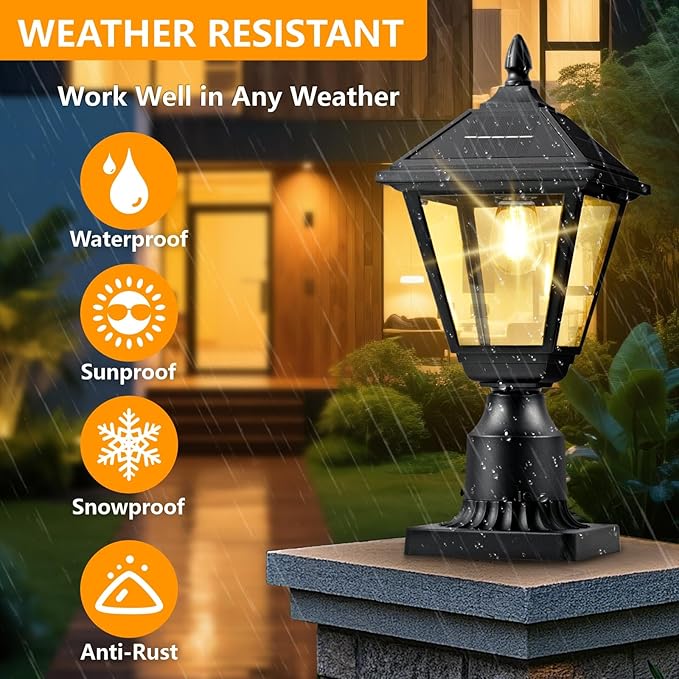Solar Lamp Post Light 3000K Dusk to Dawn Solar Post Lights with Pier Mount Base Waterproof Outdoor Post Lantern Aluminum &amp Glass Housing for Garden Yard Pole Pillar