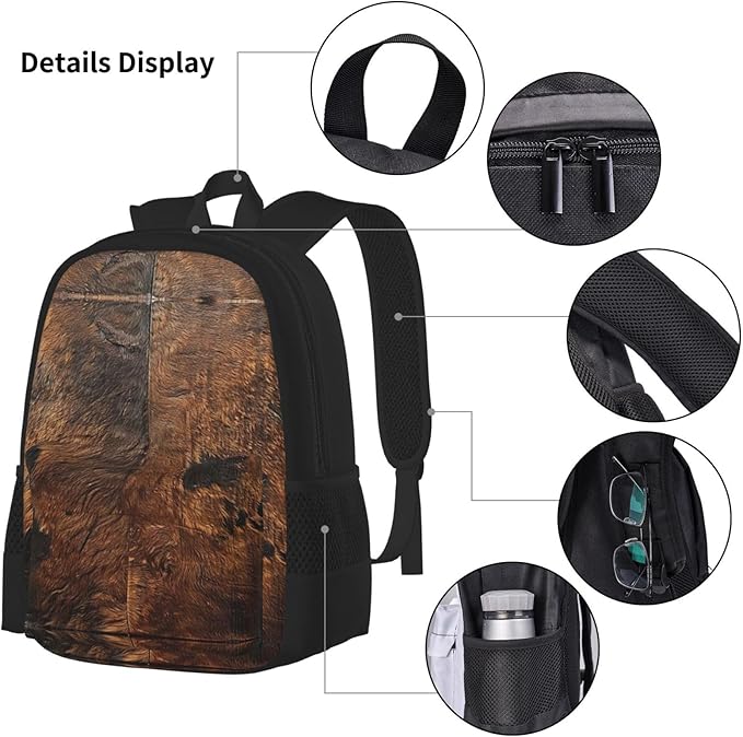 Brown Cowhide Art Backpack With Lunch Box 3 In 1 Set With Pencil Case Large Capacity Backpack With Chest Strap