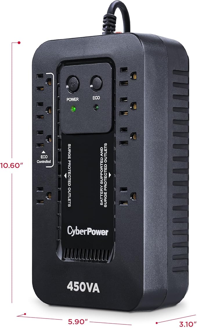 CyberPower EC450G Ecologic Battery Backup &amp Surge Protector UPS System 450VA/260W 8 Outlets ECO Mode Compact Uninterruptible Power Supply