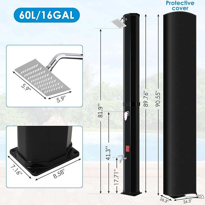 TLSUNNY 16 Gallon Solar Heated Shower W/ 360° Rotating Shower Head &amp Faucet Freestanding Outdoor Shower W/ 210D Protective Cover Water Temperature Adjustment for Pool Garden Beach Spa Backy