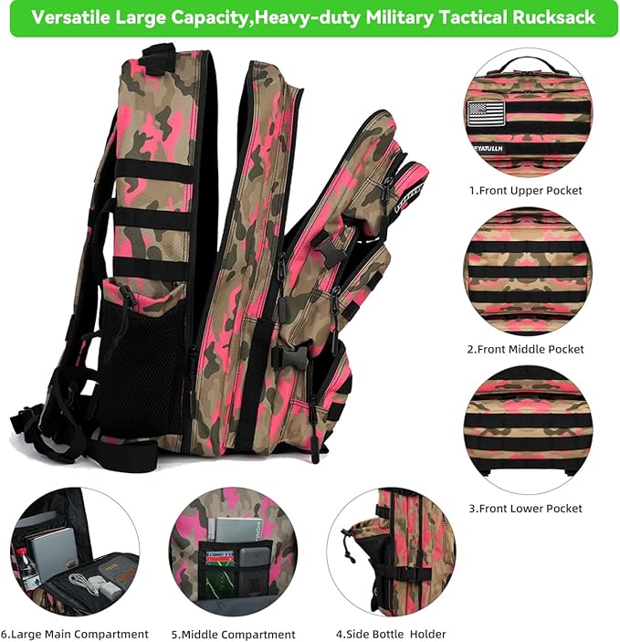 Military Tactical Backpack 55L for Men &amp Women Bug Out Bag Assault pack Molle Daypack Hiking Trekking Rucksack (Pink camouflage)