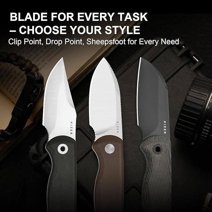 Kizer Drop Bear Fixed Blade Knife 2.6 S45VN Satin Blade EDC Hunting Knife with Black Richlite® Handle &amp Built-in Tools Outdoor Small Camping Survival Knives with Adjustable Kydex Sheath 1092A3