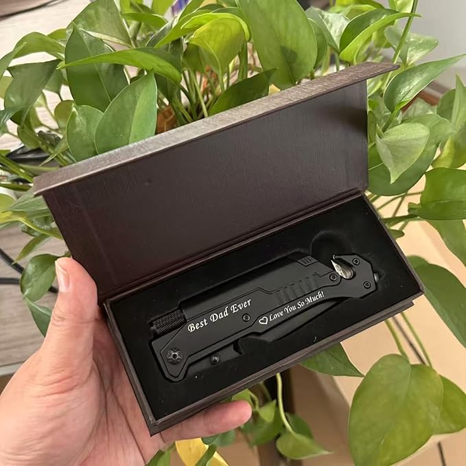Mothers Day Fathers Day Gift - Personalized Custom Engraving Gifts for Him Her 6-in-1 Multifunctional Folding Pocket Knives with LED Light Seatbelt Cutter Glass Breaker Magnesium Fire Starter Bot