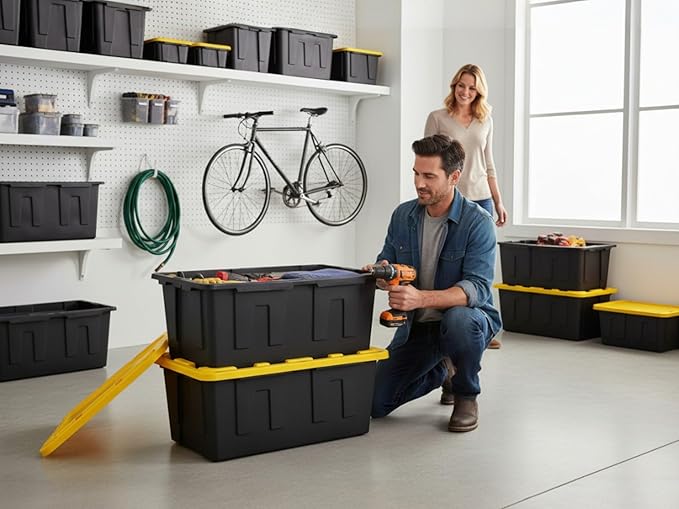 Heavy-Duty Storage Tote with Lid Black and Yellow 40 Gallon 22.0 D x 38.2 W x 16.4 H (2 PACK)