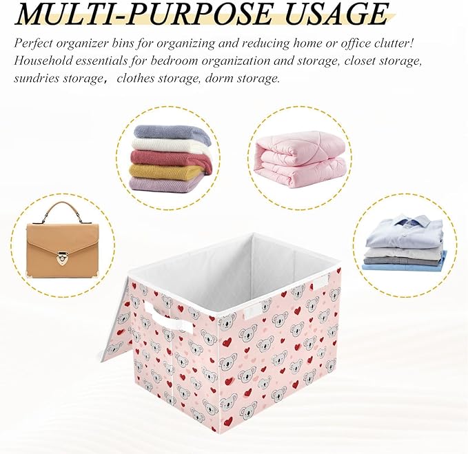 Pink Valentine Koala Hearts Storage Box with Lid 1 PC Foldable Storage Bin with Lids Stackable Storage Bins Cube Closet Organizer Basket with Flip-Top Lid &amp Handles for Shoes Books Towels