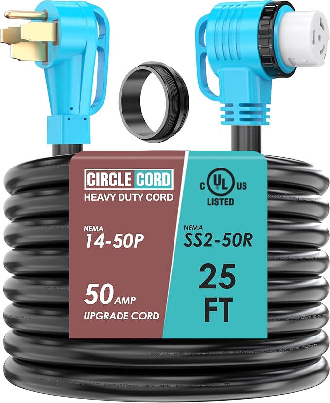 CircleCord UL Listed 50 Amp 25 Feet RV/Generator Cord with 90° Right Angle Locking Connector Heavy Duty 6/3+8/1 Gauge STW Wire 14-50P to SS2-50R for RV Camper Trailer and Generator to House