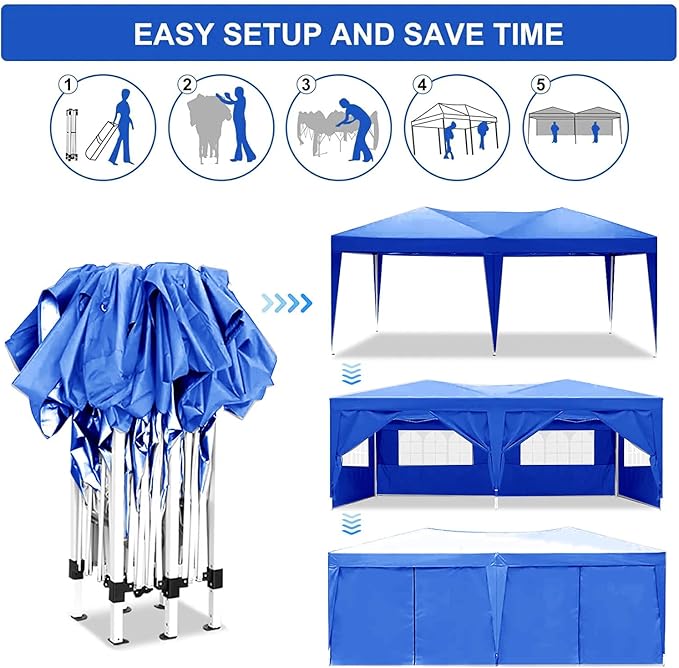 KEIKI 10'x20' Folding Canopy with 6 Removable Sidewalls Outdoor Event Shelter Gazebo Portable Tents for Parties Carport Camping Garden Patio Blue