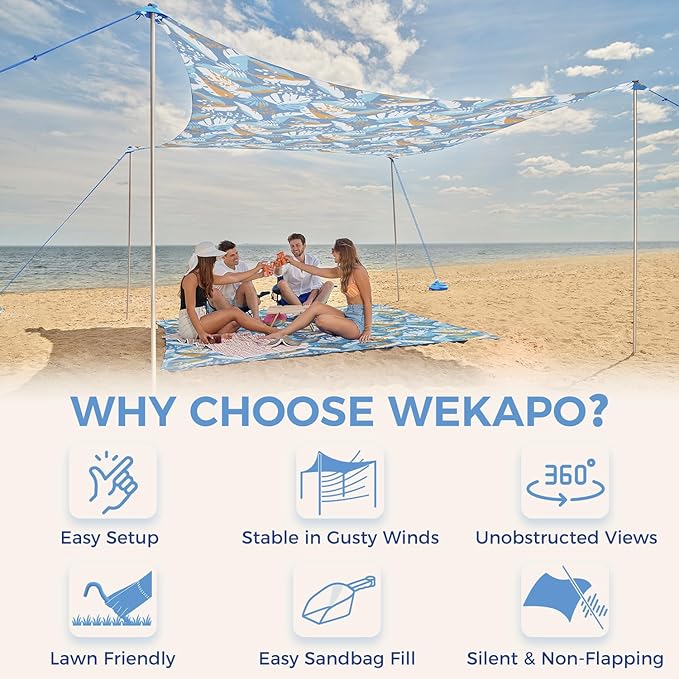 WEKAPO Beach Tent Sun Shelter - Easy Setup Beach Canopy with 4 Sturdy Poles Extra Large Sandbags and Shovel 7'8'' Tall Windproof Sun Shade for Backyard and Camping UPF 50+ Protection