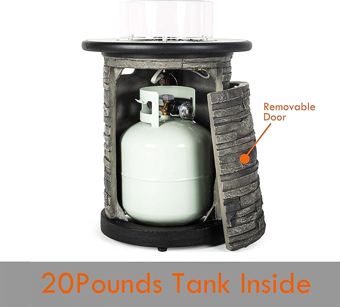 BAIDE HOME Outdoor Propane Fire Pit Table Round Porcelain Tile Top 22 Fire Bowl Column W/ 40000 BTU Firepit Table Auto-Ignition 400D Cover Glass Rocks for Outside Patio