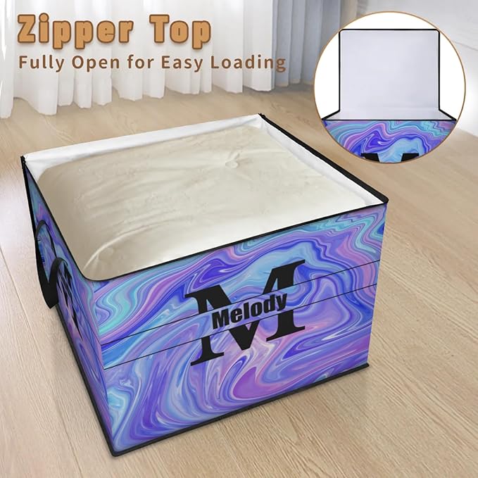 Personalized Storage Bins with Lid Customized Name Initial Letter Jumbo Storage Basket Rectangle Clothes Organizer for Organizing Kids and Pets Toys Shelf Closet Abstract Purple Pattern