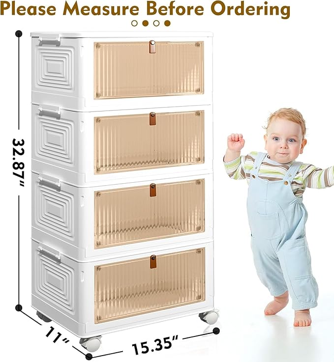 CTSNSLH 4 Tier Plastic Storage Bins and Boxes Organizer - Stackable with Lids for Bedroom Living Room Office - Foldable Containers