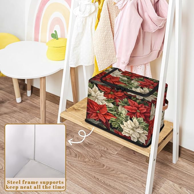 KOBLEN Poinsettia Flower Storage Basket Collapsible Rectangular Storage Bins with Zipper Lid Handle Closet Shelf Cloth Organizer Basket for Nursery Bedroom Clothes Toy 2 Pack