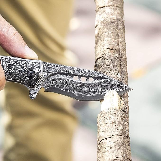 hand made damascus steel pocket knife 3.1 inch outdoor folding knife camping rosewood handle with leather case and inner lining