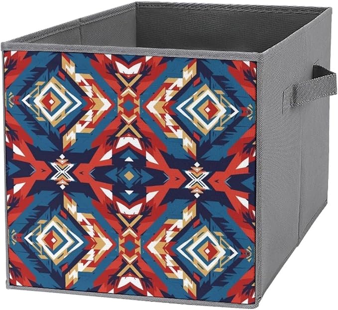 Collapsible Cube Storage Organizer with Handles Aztec Red Blue Foldable Fabric Bin for Shelves Perfect for Closet Bathroom Kids' Room &amp Nursery