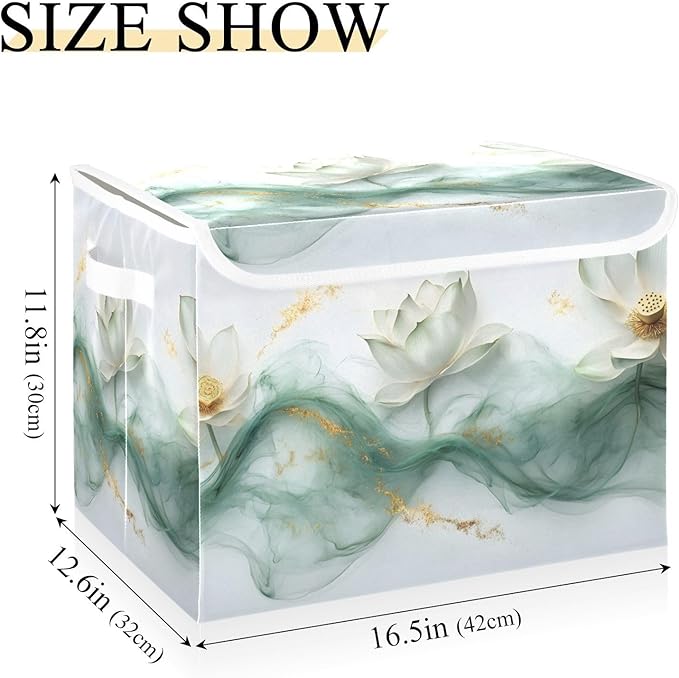 AIXIWAWA Lidded Storage Cube (Art White Flowers) Fabric Foldable Closet Bins with Flip Lid and Handles Organizer Basket Container 16.5 x 12.6 x 11.8 IN