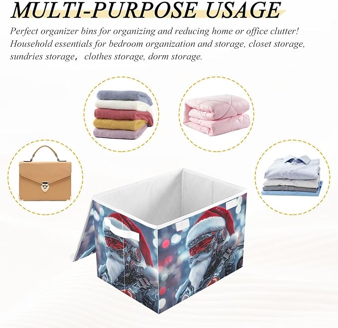 Cyber Santa Christmas Storage Cube Bins Basket with Lid Collapsible Flip-top Fabric with Handle for Home Bedroom Closet Office 16.5×12.6×11.8 in