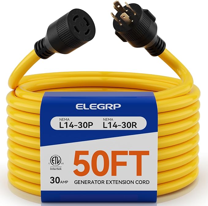 ELEGRP 30 Amp Generator Extension Cord 50 Feet 4-Prong NEMA L14-30P to L14-30R 120/250V Up to 7500W SJTW 10AWG/4C Locking Power Cord for Portable Generators Home Backup UL Standard Compliant