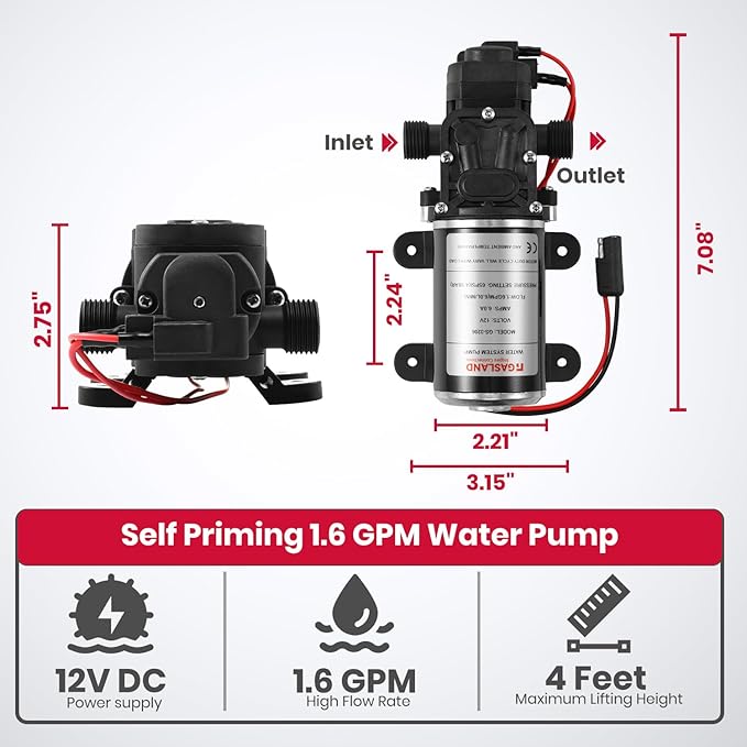 GASLAND 12V Water Pump Kit 1.6 GPM Camper Water Pressure Pump with Pressure Switch 65 PSI Self Priming Diaphragm Pump for Camper Boat Marine RV Kitchen Bathroom Gas Hot Water System
