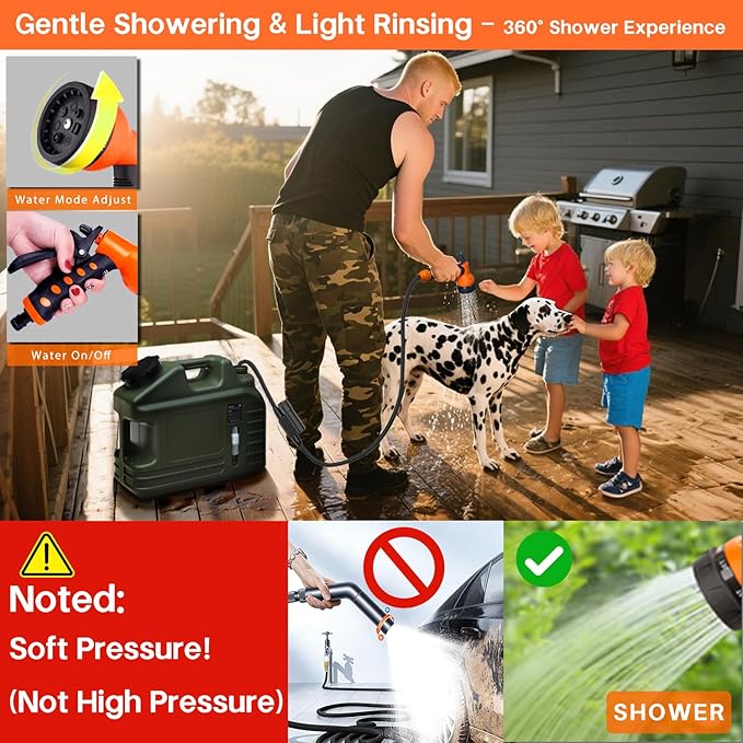 Portable Camping Shower with 5-Gallon Water Jug Rechargeable IPX7 Waterproof Electric Pump 7-Mode Shower Head &amp HDPE Container for Outdoor Hiking Beach Pet Bathing &amp Washing Dishes