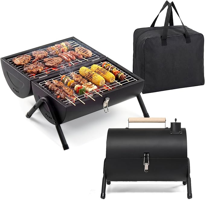 VINGLI Portable Double Sides Charcoal Grill Thermometer &amp Wooden HandleStorage Bag Multi-functional Metal Compact Tabletop BBQ Outdoor Charcoal Grill for Camping Travel Picnic Patio