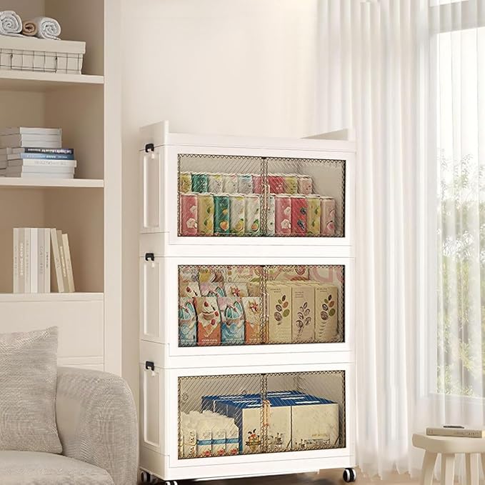 472QT Stackable Storage Bins with Lid118Gal Closet Organizers and Plastic Cabinets Shelves Collapsible Drawers with PET Clear Doors Foldable Boxes with Wheels for Home Office 3Pack