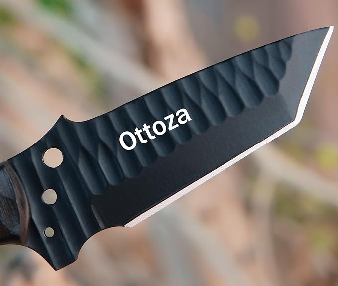 Ottoza Tanto Tactical Knife with Fixed Blade and Horizontal Carry Leather Sheath - Compact Military EDC Knife - Black Micarta Handle 377