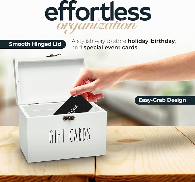White Wooden Gift Card Holder Storage Box with Secure Metal Latch – Keeps Gift Cards Organized &amp Protected – Elegant Farmhouse Gift Card Organizer
