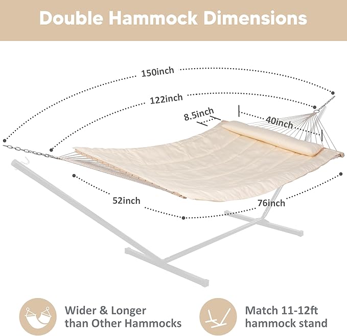 SUNCREAT Hammocks Replacement Hammock for Stand 475 lbs Capacity Two Person Backyard Hammock with Pad for Outside Beige