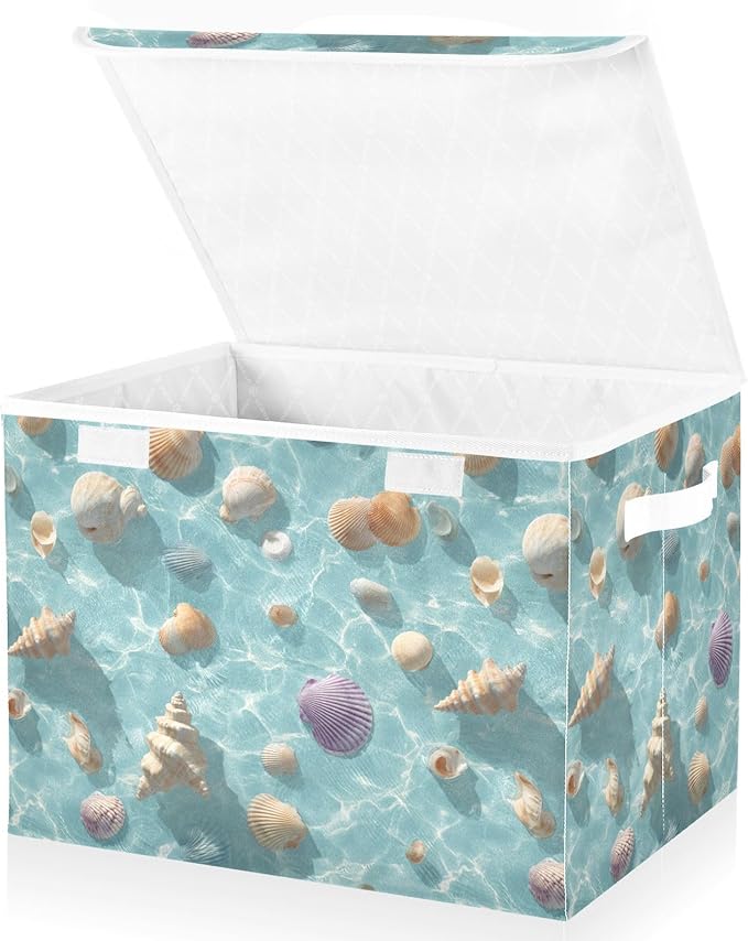 Blue Sea Shell Summer Collapsible Storage Bins with Lids Decorative Fabric Cubes Closet Organizer Basket Boxes Containers for Clothes Box Chest Folding Rectangle