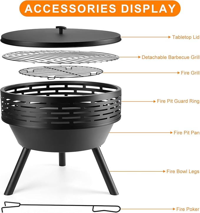 23 Inch Cast Iron Round Fire Pit with Grill 3-in-1 Outdoor Fire Bowl Fire Pit Table with Metal Lid and Fire Poker Wood Burning Firepit for BBQ Bonfire Patio Picnic