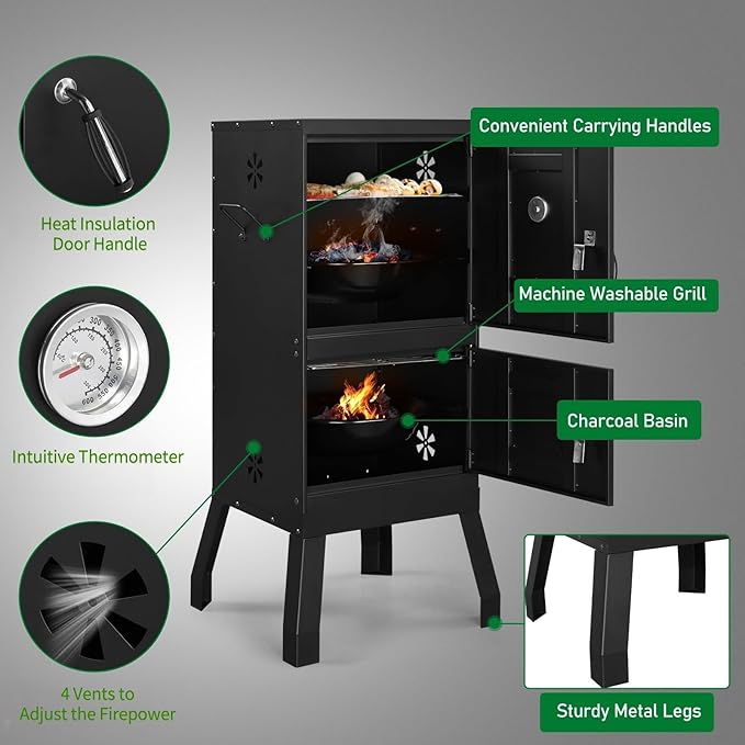 ROVSUN 2-in-1 Outdoor Smoker with Double Doors Vertical Portable Charcoal Grill with Two Detachable Grill Smoking Racks and Charcoal Pan Perfect for Camping Barbecue Black