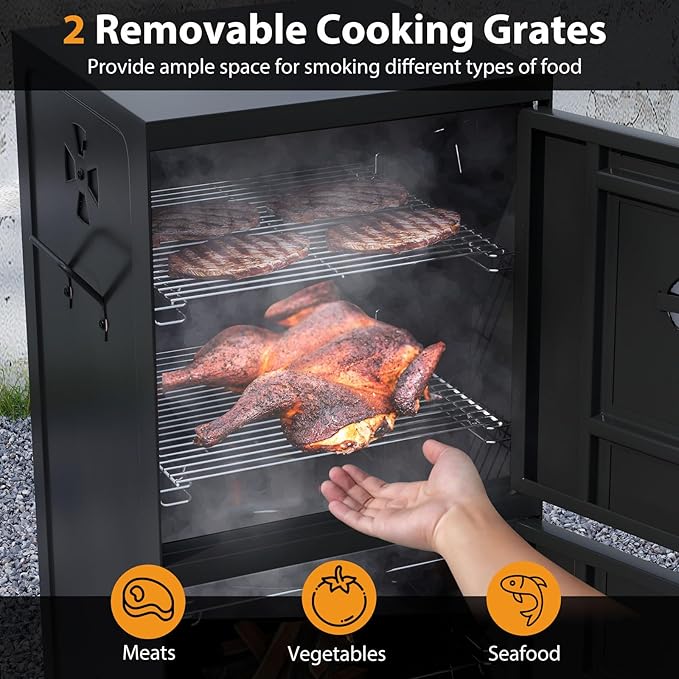 Charcoal Smoker Outdoor Vertical BBQ Smoker with Thermostat 2 Access Doors 2 Cooking Grates 2 Removable Pans &amp 4 Air Vents Meat Smokers Grill for Parties Barbecues and Backyard