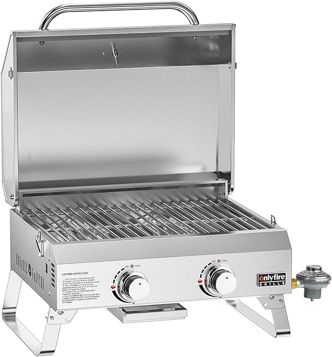 ONLYFIRE GRILLS Tabletop Gas Grill 2 Burners 20 Portable Propane Grill with Foldable Legs for Outdoor Patio Backyard Camping Tailgating RV Trip Beach Stainless Steel Gas Stove 16000BTU GS322