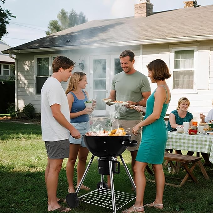 18.5-Inch Portable Charcoal Grill Heavy Duty Kettle BBQ Smoker with Built-in Thermometer &amp Removable Water-Rinsable Ash Catcher for Outdoor Camping Patio Backyard and Tailgating