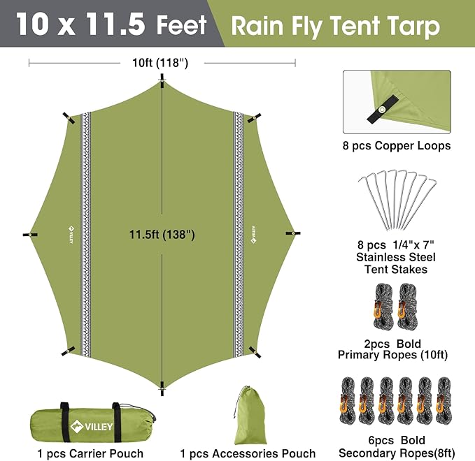 VILLEY Hammock Tent Rain Fly Octagonal Waterproof Camping Tarp Sun Shelter for Camping Backpacking Hiking Accessory Includes Stakes Ropes and Carry Bag (Green)
