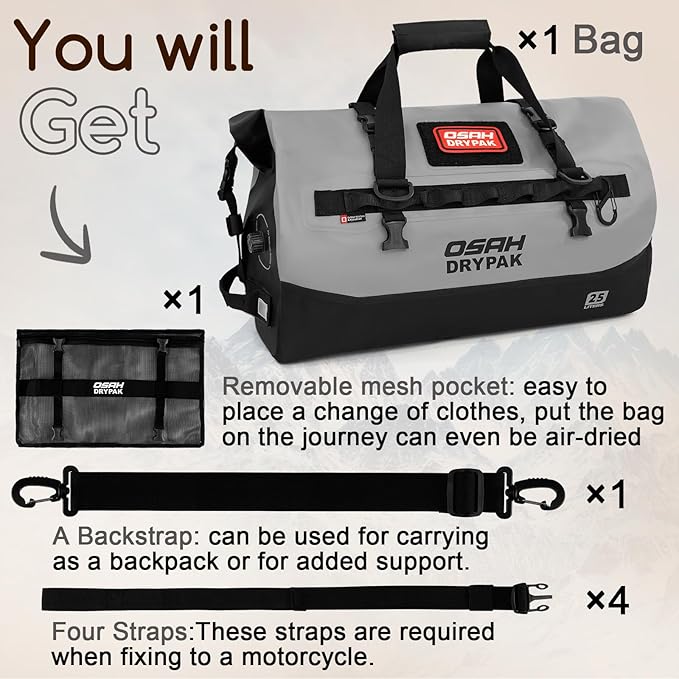 OSAH DRYPAK Waterproof Duffel Bag 25L/40L/60L – Heavy-Duty Motorcycle Tail Bag Roll-Top Dry Bag for Travel Camping Boating Kayaking Outdoor Adventure