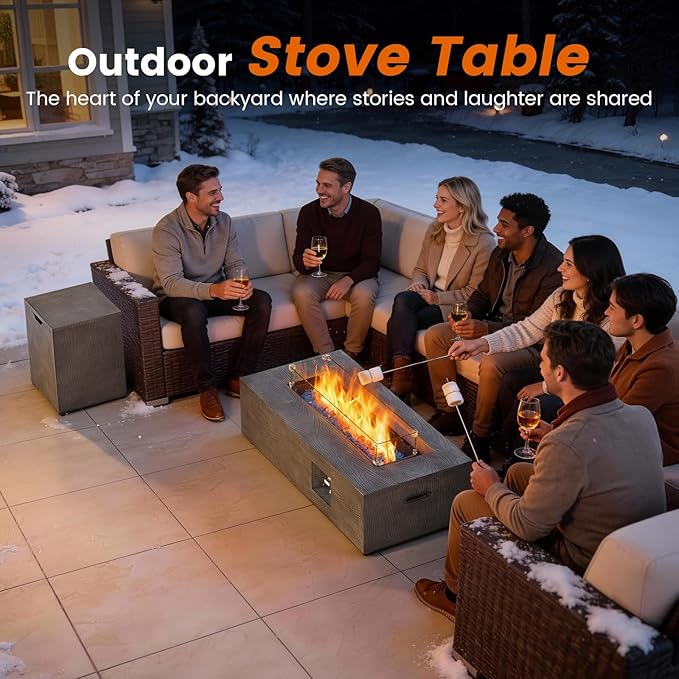 SUNPEAK 42 Rectangular Propane Fire Pit Table 50000 BTU Fireplace Table with Wind Guard Lid Rocks and Cover - Fire Pits &amp Outdoor Fireplaces - Gas Fire Pits for Outside Patio (Charred Oak 42