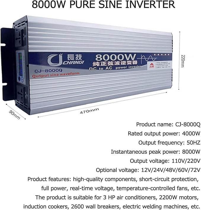 6000W 8000W 10000W 12000W Pure Sine Wave Inverter 12V/24V/48V/60V/72V DC to 110V/220V AC Power Inverter Voltage Converter Transformer for HomeRVTruckOff-Grid Solar~/