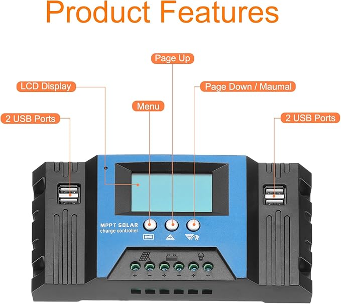 MECCANIXITY MPPT Solar Charge Controller 60A Solar Panel Charger 12V/24V Auto Intelligent Regulator with LCD Display 4 USB Ports Lead-Acid/Lithium Battery