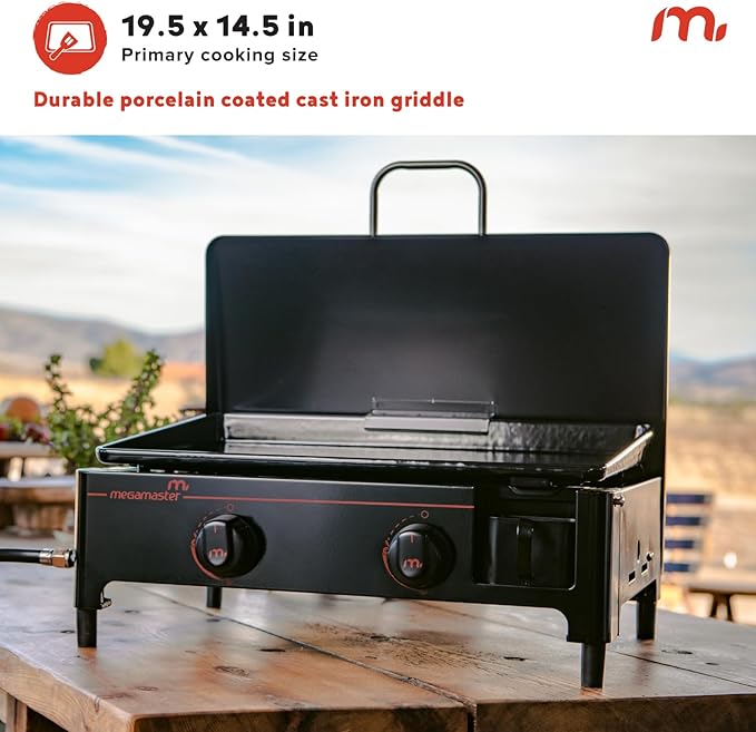 Megamaster 2-Burner Portable Gas Griddle with Built-In Lid 18000 BTUs 282 SQ In Cooking Space Small Tabletop Propane Griddle for Outdoor Cooking Camping BBQs and Parties - 820-0054D