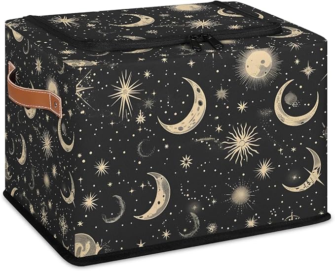 Black Moon Storage Bins with Zipper Lid 2pcs Stackable Storage Baskets Boxes with Metal Frame Closet Storage Cube Bin Organizer with PU Handles Clothes Storage Bag