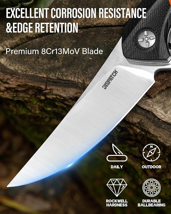 DISPATCH Folding Pocket Knife3.768Cr13Mov Steel Trailing Point Blade G10 HandleLiner Lock EDC KnifeTactical KnifeLarge Folding knife with ClipPocket Knife for Men Women Camping Survival Hiking.
