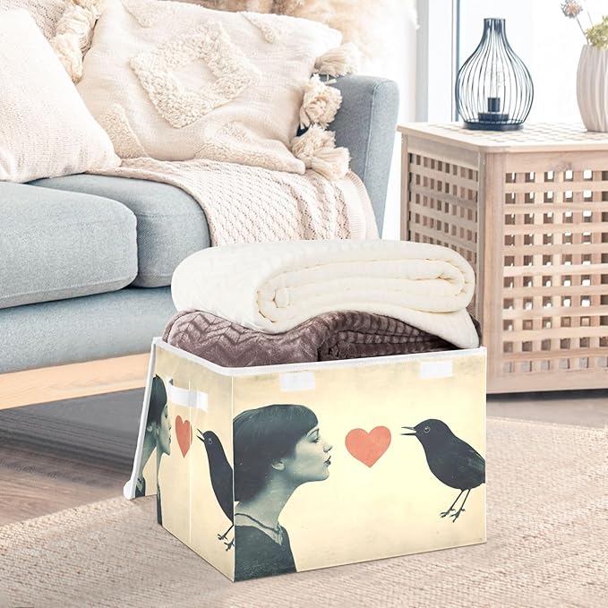 AIXIWAWA Lidded Storage Cube (Woman Bird Heart) Fabric Foldable Closet Bins with Flip Lid and Handles Organizer Basket Container 16.5 x 12.6 x 11.8 IN